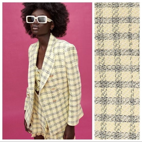 NWT. Zara Yellow/Black Textured Plaid Double Breasted Blazer. Size S. - Picture 2 of 11
